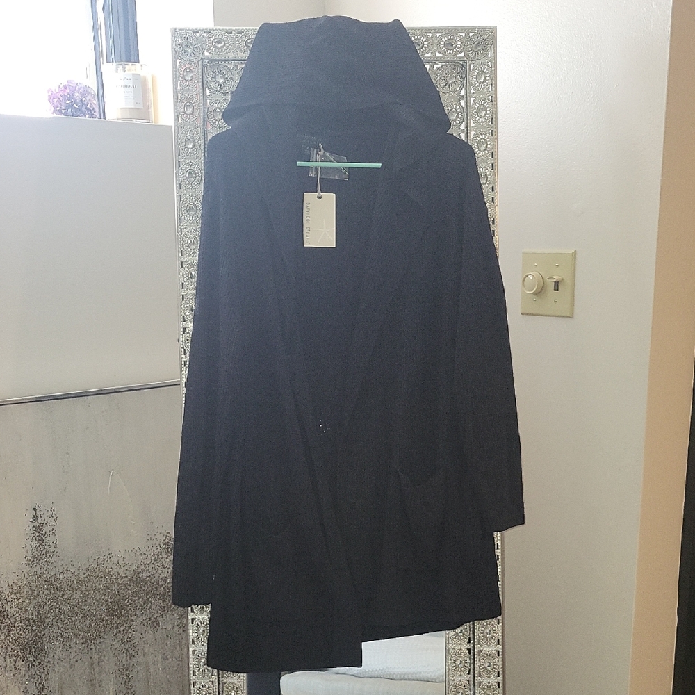 Barefoot Dreams CozyChic Ultra Lite Black Ribbed Hooded Cardigan - Picture 3 of 4